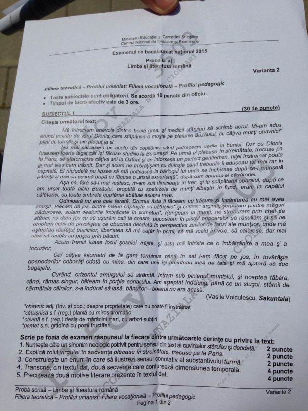 Subiectele pentru profilul Uman