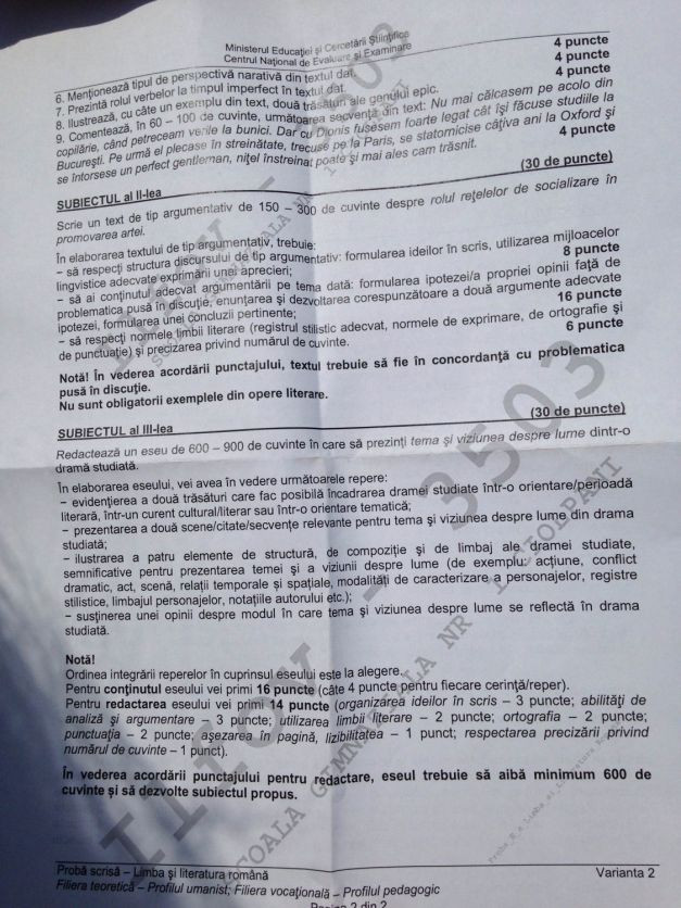 Subiectele pentru profilul Uman