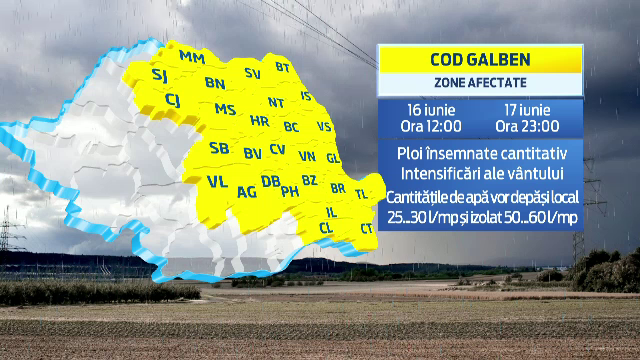 COD GALBEN de ploi si vijelii in 27 de judete. Miercuri, temperaturile nu vor depasi 30 de grade