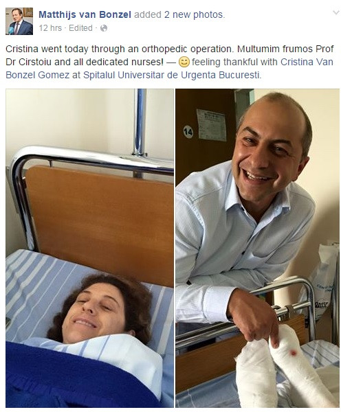 Sotia ambasadorului Olandei la Bucuresti a ales sa faca o operatie ortopedica intr-un spital de stat din Romania. FOTO