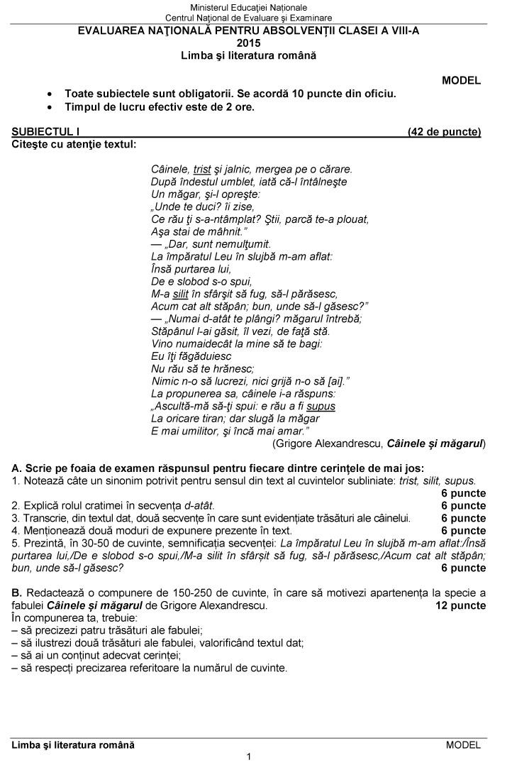modele de subiecte EVALUARE NATIONALA 2015 LIMBA ROMANA