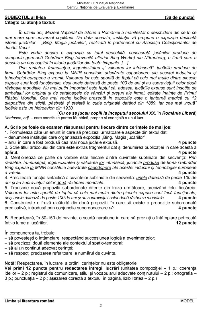 modele de subiecte EVALUARE NATIONALA 2015 LIMBA ROMANA