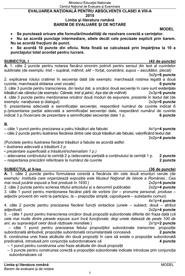barem EVALUARE NATIONALA 2015 LIMBA ROMANA