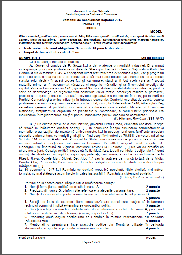 model subiect istorie