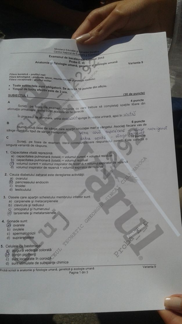 SUBIECT ANATOMIE 2015 BACALAUREAT