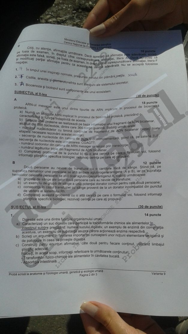 SUBIECT ANATOMIE 2015 BACALAUREAT