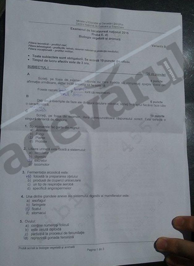 SUBIECT BIOLOGIE 2015 BACALAUREAT