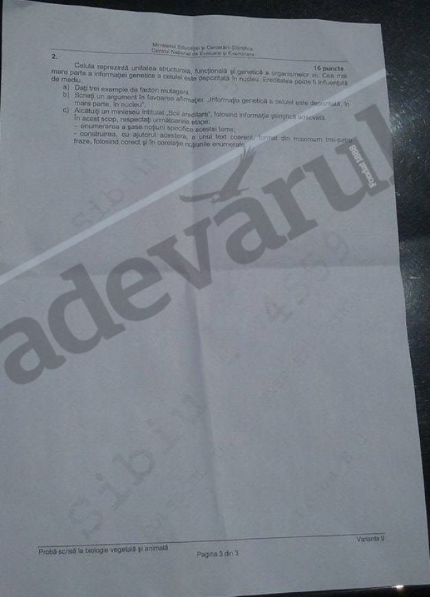 SUBIECT BIOLOGIE 2015 BACALAUREAT