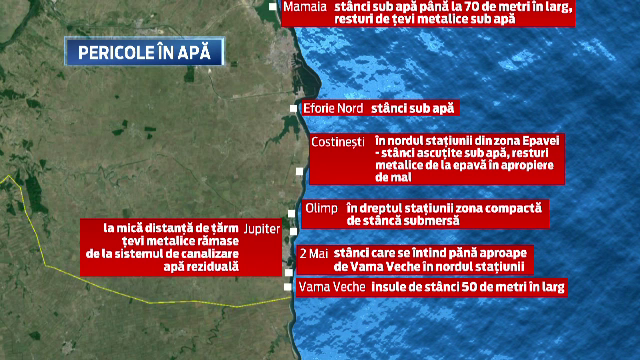 Stanci, tevi si table ruginite ascunse de mare, la mica distanta de tarm. HARTA zonelor de pe litoral cu risc pentru turisti