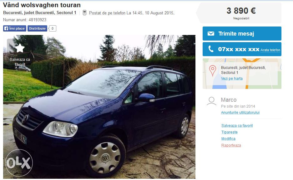 "Vand wolsvaghen touran". Mesajul postat de un roman pe un site de anunturi