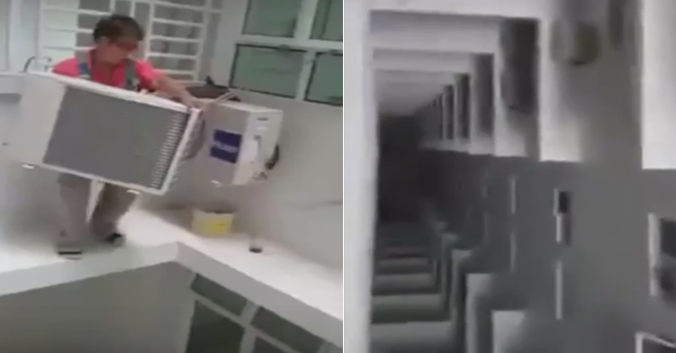 Cum instaleaza acest muncitor chinez un aparat de aer conditionat intr-un bloc turn. Imaginile te tin cu sufletul la gura