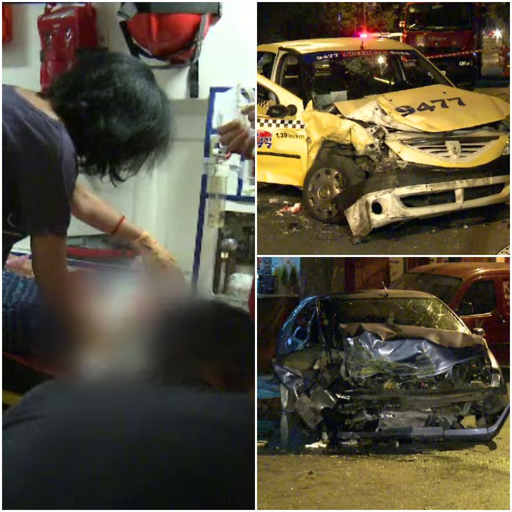Taxi spulberat intr-o intersectie din Capitala. Pasagera si cei doi soferi, dusi la spital, in stare grava