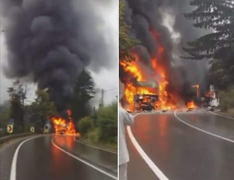 Doua TIR-uri au luat foc, dupa ce s-au ciocnit in judetul Suceava. Circulatia intre Moldova si Ardeal, intrerupta peste 2 ore