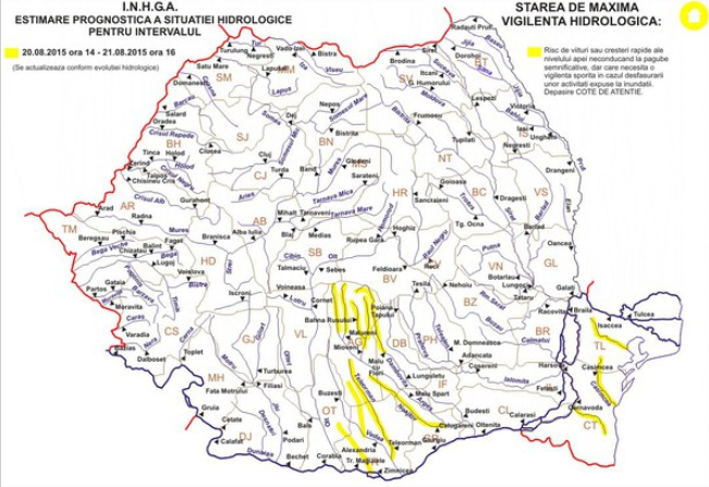 COD GALBEN de inundatii pe rauri din sapte judete din sudul si sud-estul tarii. HARTA zonelor afectate