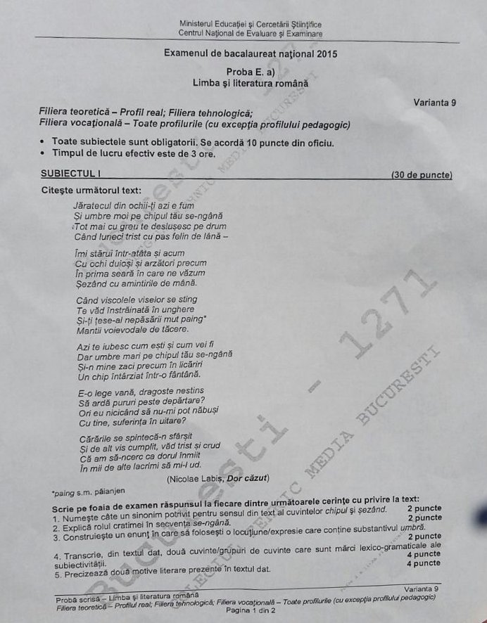 subiecte Bac romana toamna pagina 1