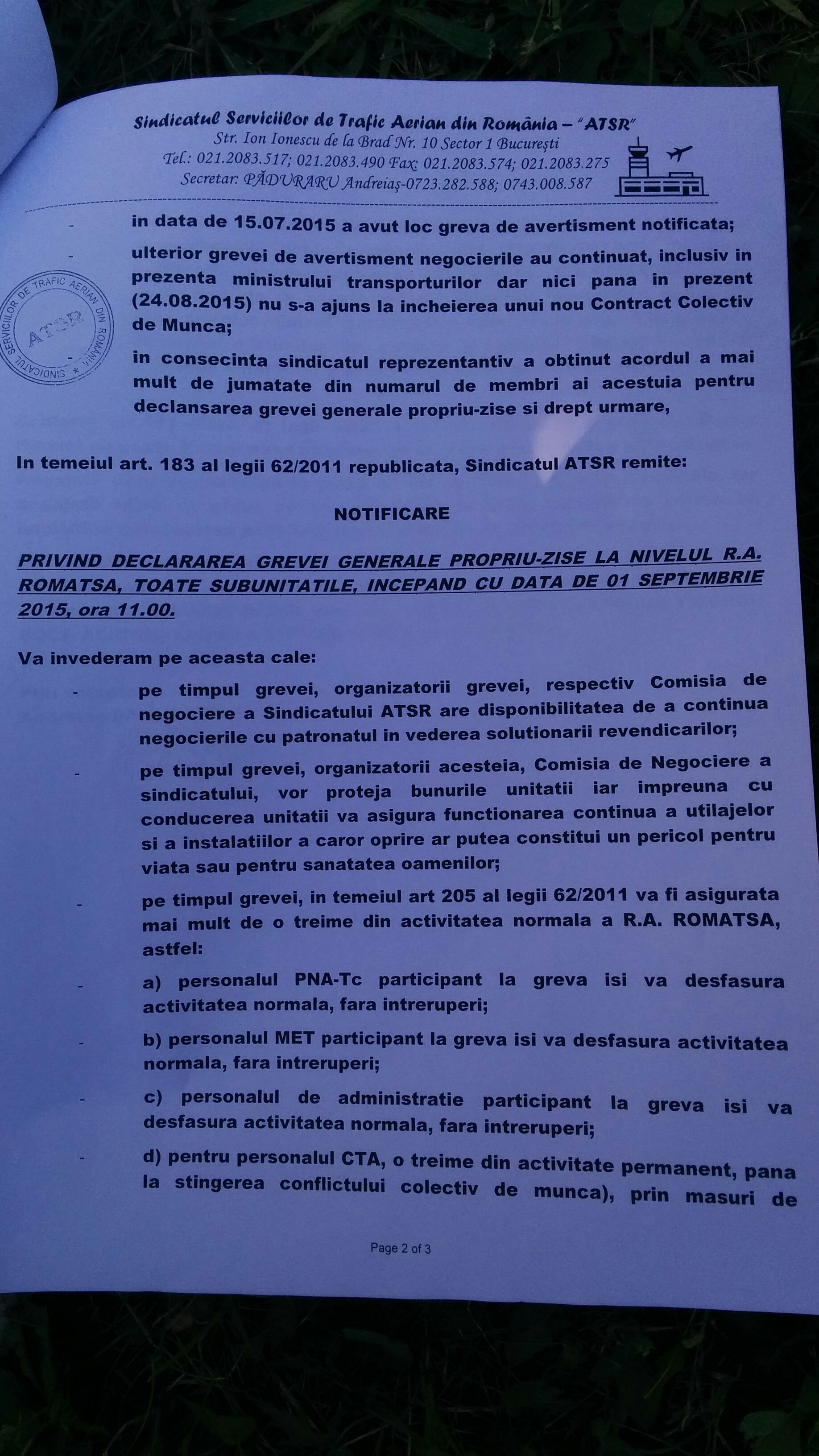 notificare greva ROMATSA