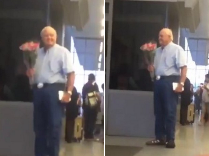 Aceste imagini au cucerit milioane de oameni. Momentul in care un batran emotionat isi asteapta sotia pe aeroport, cu flori