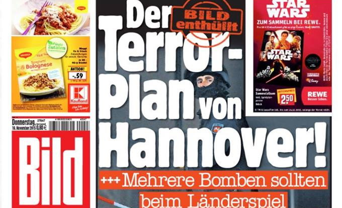 DOCUMENT CITAT DE BILD: Teroristii au planuit sa detoneze mai multe bombe pe stadionul din Hanovra si in centrul orasului