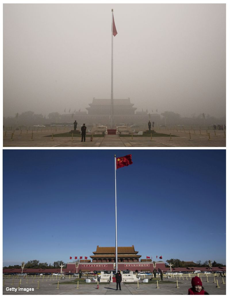 COD ROSU de alerta din cauza poluarii in China. Imagini "inainte si dupa" cu orasele cuprinse de smog. GALERIE FOTO