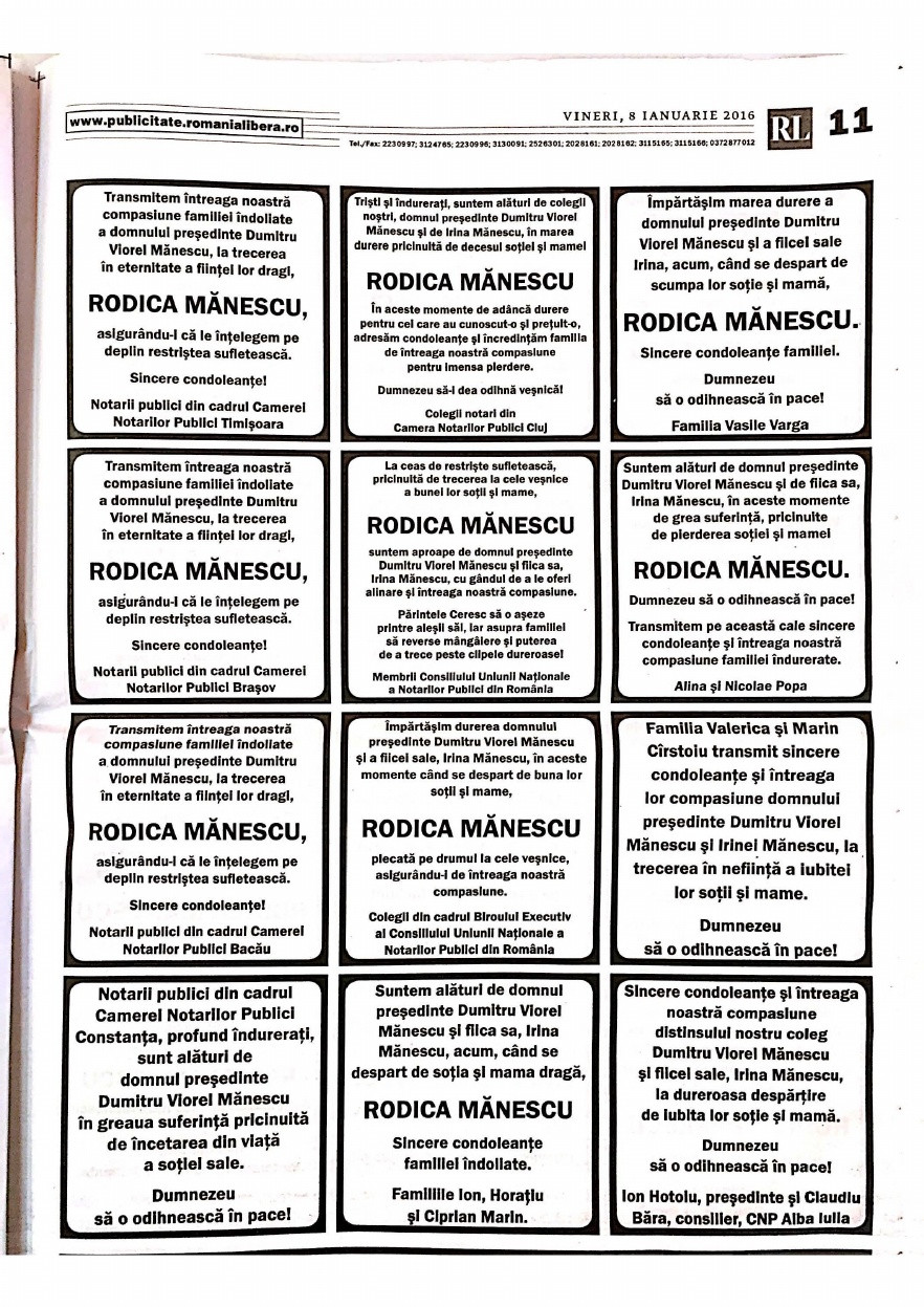 Anuntul mortuar publicat in sute de chenare ale ziarelor de astazi. Efectul este fara precedent