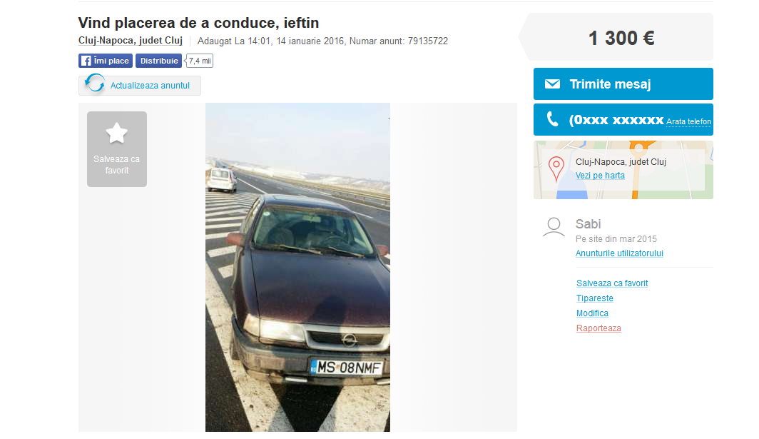 "Vand placerea de a conduce". Cea mai sincera oferta postata de un barbat pe un site romanesc de anunturi
