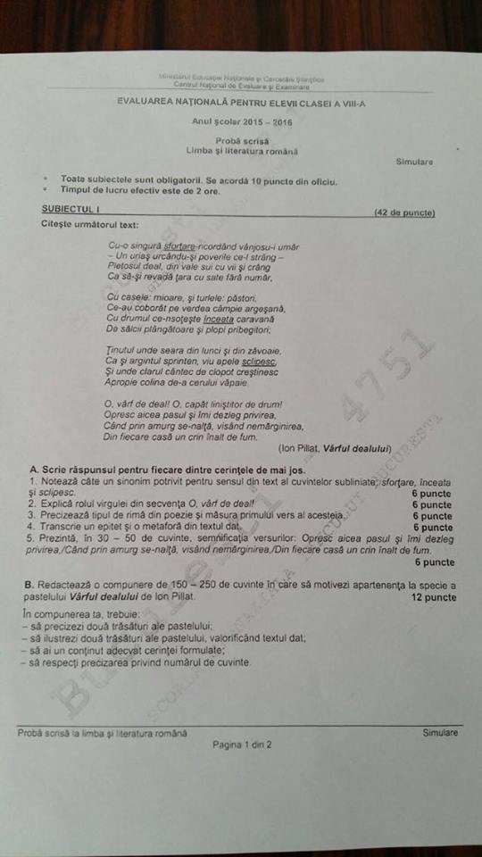 Subiecte proba scrisa la Limba si literatura romana
