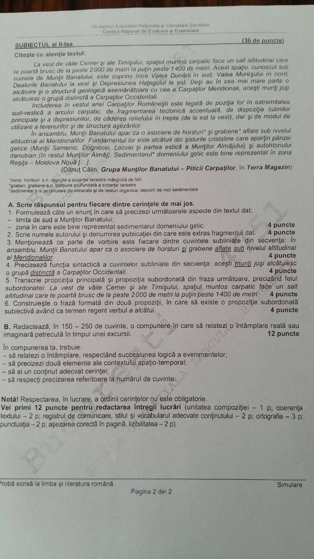 Subiecte proba scrisa la Limba si literatura romana