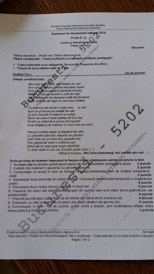 BACALAUREAT SIMULARE 2016, profil real, clasa a XI-a