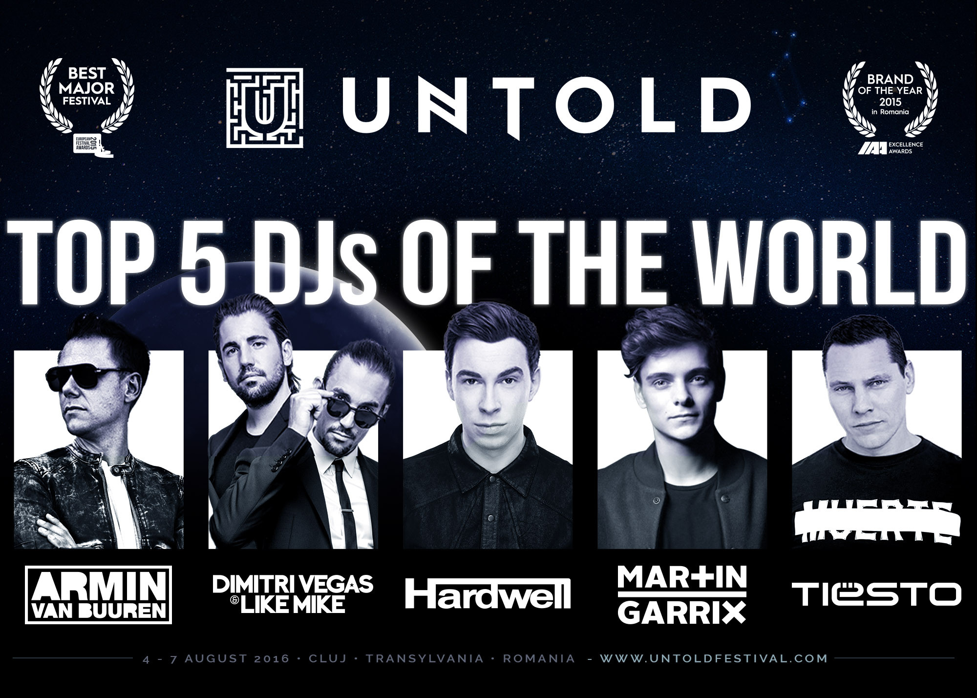 TOP 5 DJ ai lumii, DIMITRI VEGAS&LIKE MIKE, ARMIN van BUUREN, HARDWELL, MARTIN GARRIX si TIESTO la UNTOLD 2016!