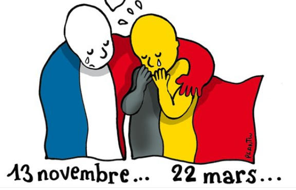 Reactiile oamenilor, in desene, ca raspuns la atentatele din Bruxelles. Omagiul adus victimelor, in centrul orasului