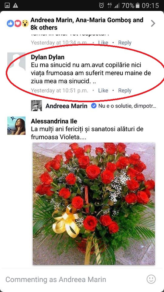 Andreea Marin a lansat un apel pe Facebook dupa ce un tanar i-a scris ca se va sinucide chiar de ziua lui