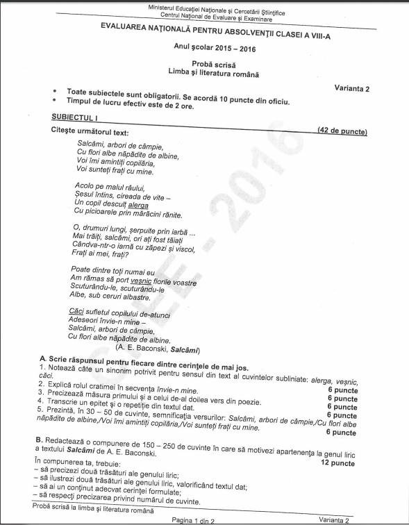 subiecte limba romana 2