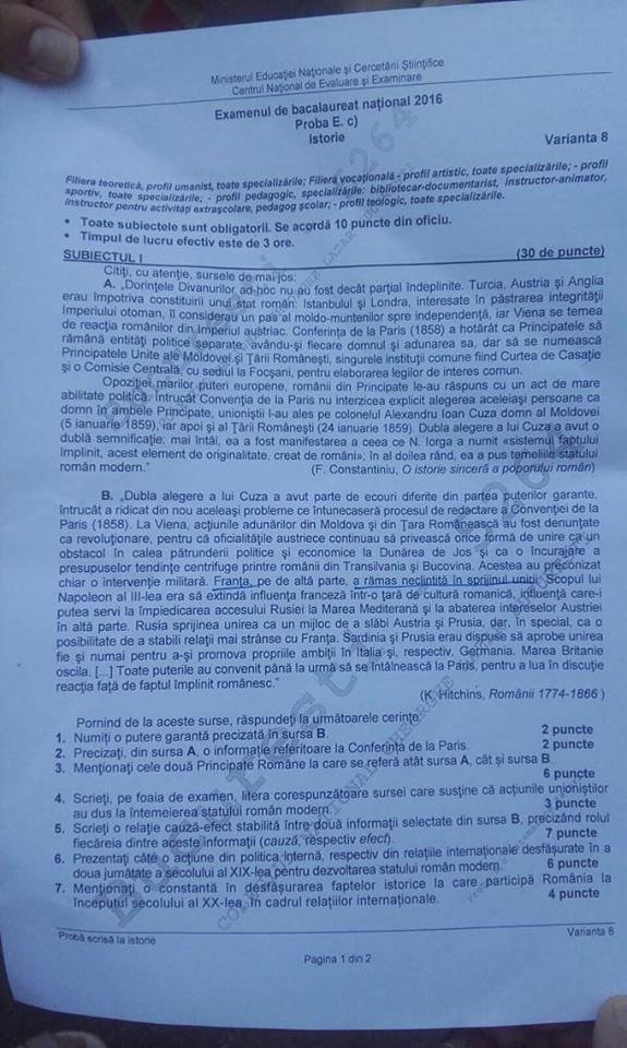 SUBIECTE ISTORIE BAC 2016.