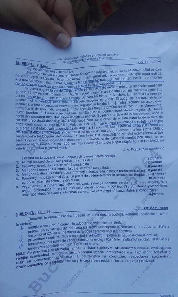 SUBIECTE ISTORIE BAC 2016.