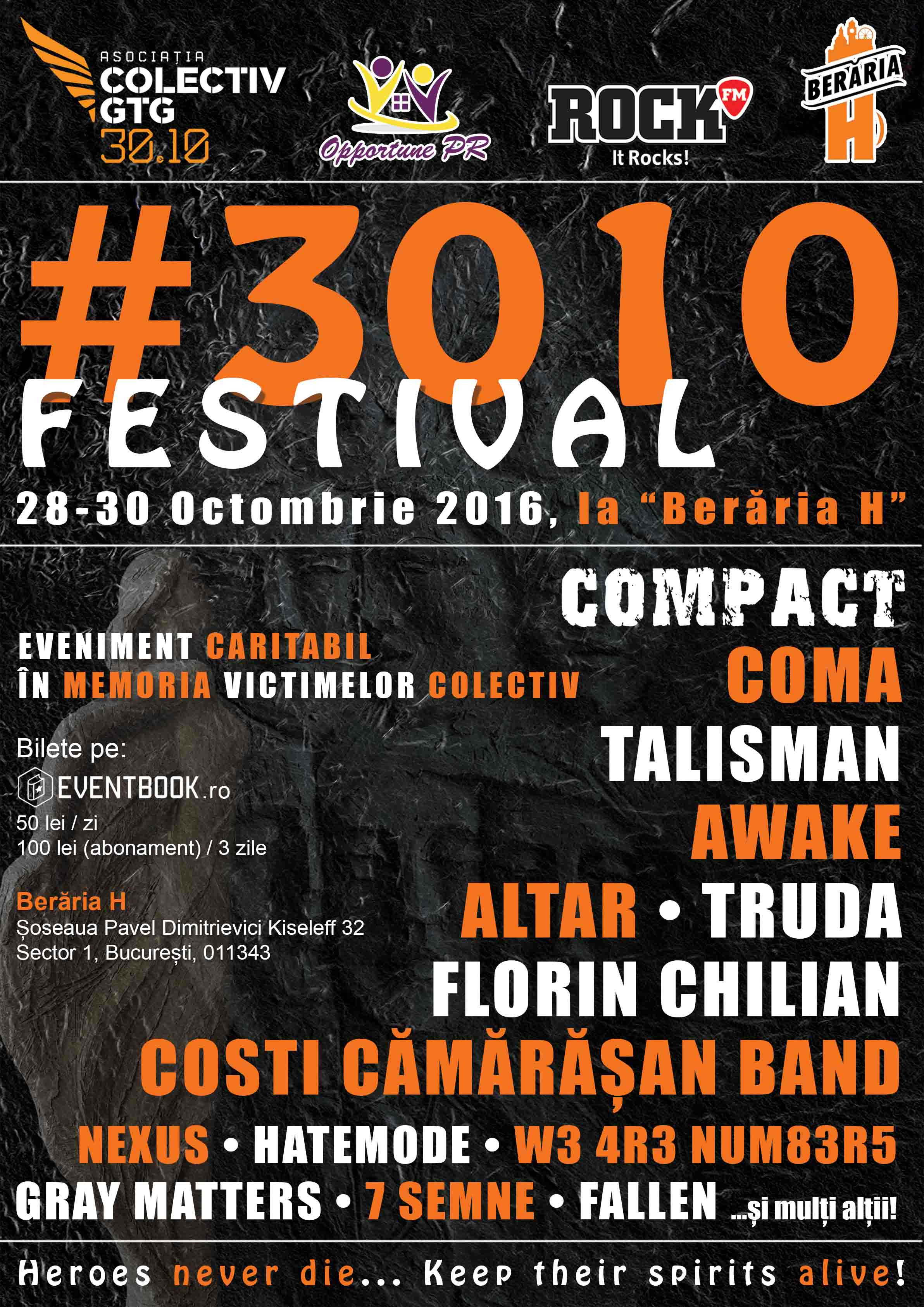 3010 Festival – eveniment caritabil in beneficiul victimelor din Colectiv. Trei zile de concerte rock in Bucuresti