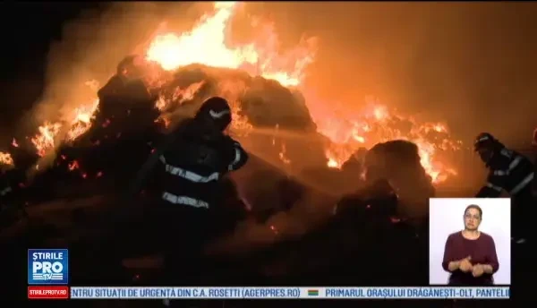 Incendiu violent la un depozit de baloti de paie de langa Buzau: Tind sa cred ca cineva a dat intentionat foc