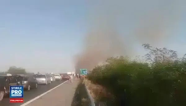 Incendiu de vegetatie in apropiere de autostrada Bucuresti - Pitesti. Circulatia a fost blocata
