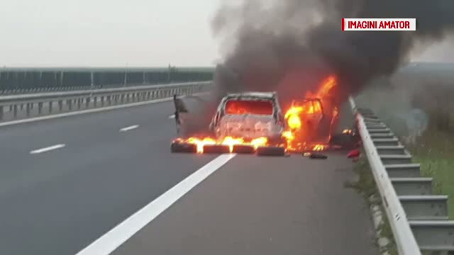 Panica pe Autostrada Soarelui dupa ce un autoturism a luat foc in mers. Soferul si sotia au reusit sa iasa la timp din masina