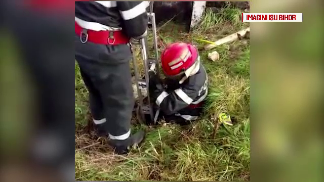 Operatiune dificila de salvare a unui caine cazut intr-un canal. Un pompier a fost nevoit sa coboare la trei metri adancime