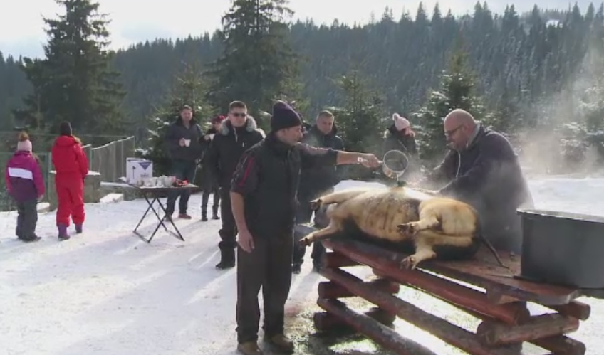 Distractie la munte, cu zapada si gratare. Turistii din Marginimea Sibiului s-au bucurat de slanina si vitel la protap