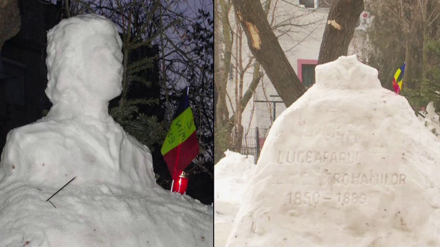 Statuia din zapada a lui Mihai Eminescu, din Galati, a fost decapitata. Sculptor: "Te demoralizeaza cand vezi asa ceva"