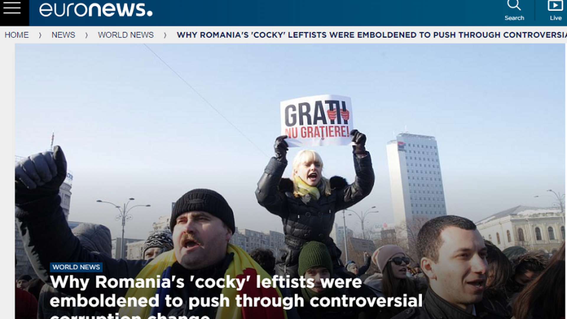 Euronews: Guvernul PSD, "arogant" a facut o "greseala enorma"; "indrazneala" Cabinetului, similara cu a celui de la Varsovia