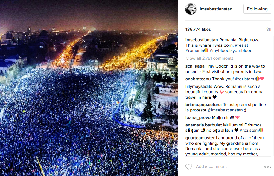 Mesajul publicat de actorul Sebastian Stan pe Instagram: "Asa arata Romania, in acest moment. Aici m-am nascut"