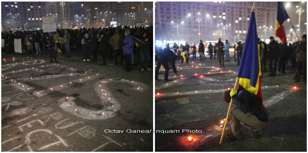 Mesaje scrise cu lumanari in a 19-a seara de proteste in Piata Victoriei. Oamenii au strigat timp de 40 de minute: "Demisia!"