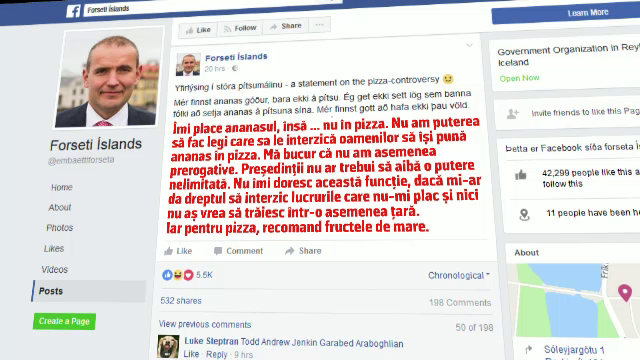 Presedintele Islandei, criticat dur dupa ce a indraznit sa spuna ca nu ii place ananasul in pizza. Cum s-a scuzat