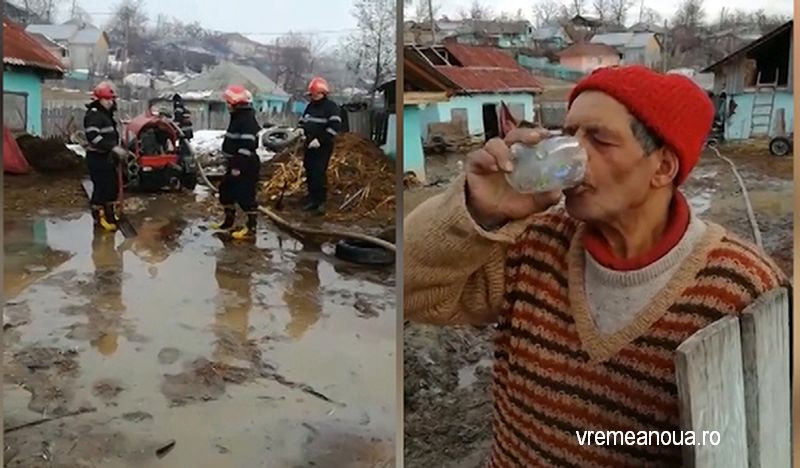 Barbat din Vaslui, filmat cum bea in timp ce pompierii ii scoteau apa din casa. "Hai, ba, lasa. Sa fim parolisti"
