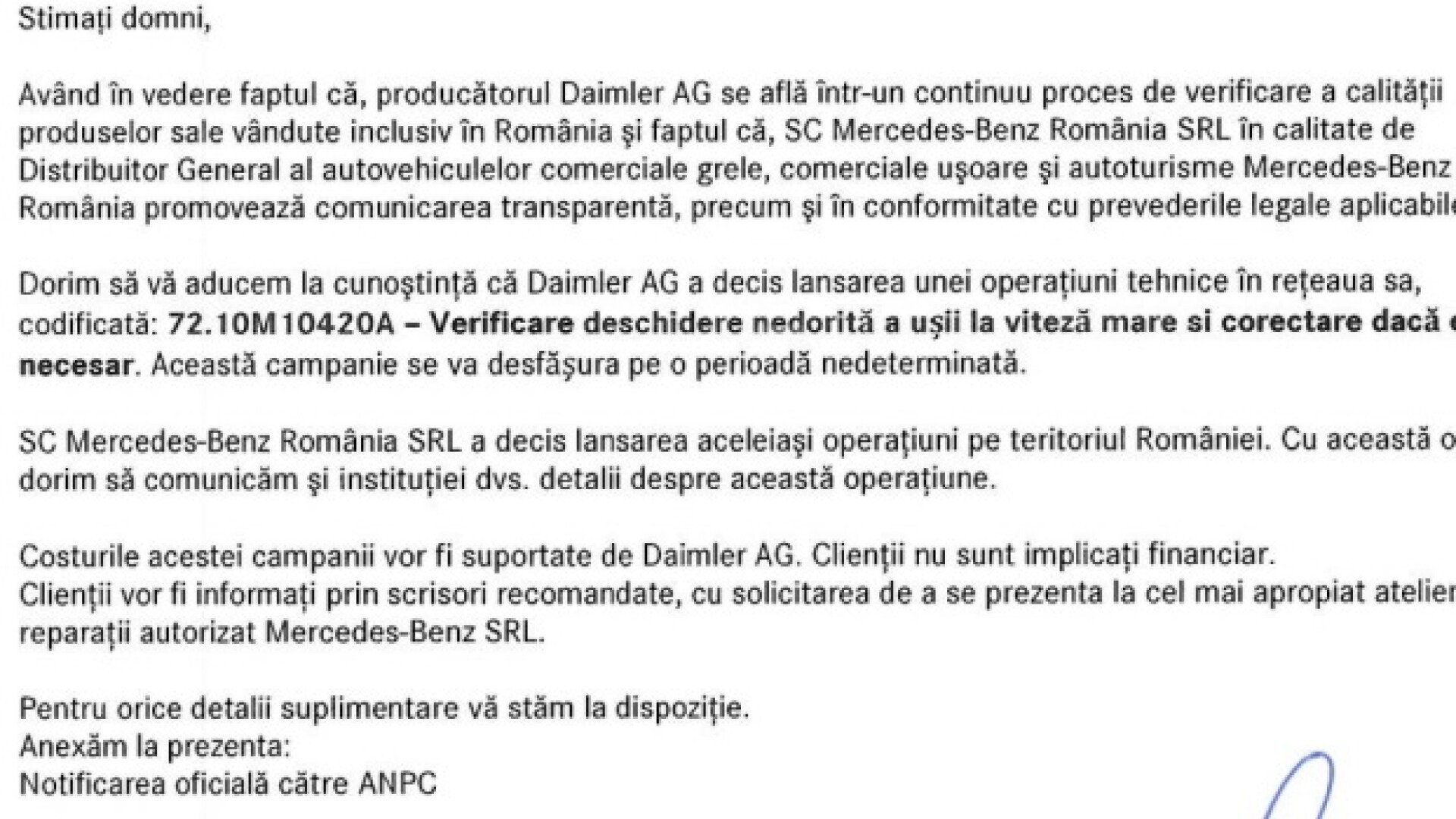 Compania Daimler a anuntat ANPC ca autocarele Mercedes-Benz ar putea prezenta risc de accident: "Deschiderea nedorita a usii"