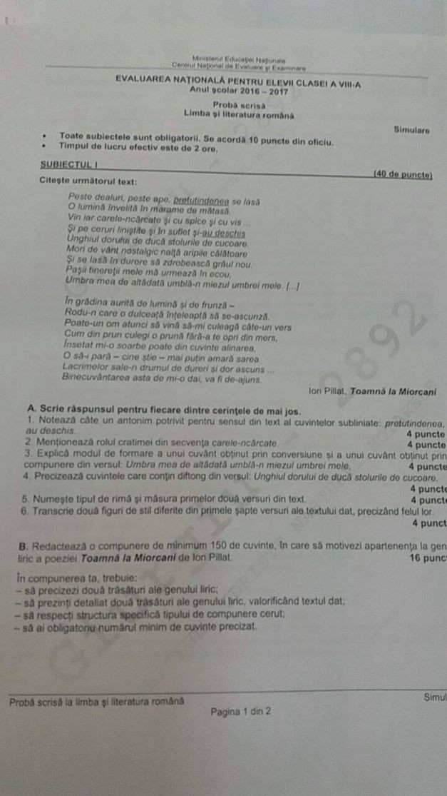 Subiecte simulare clasa a VIII-a