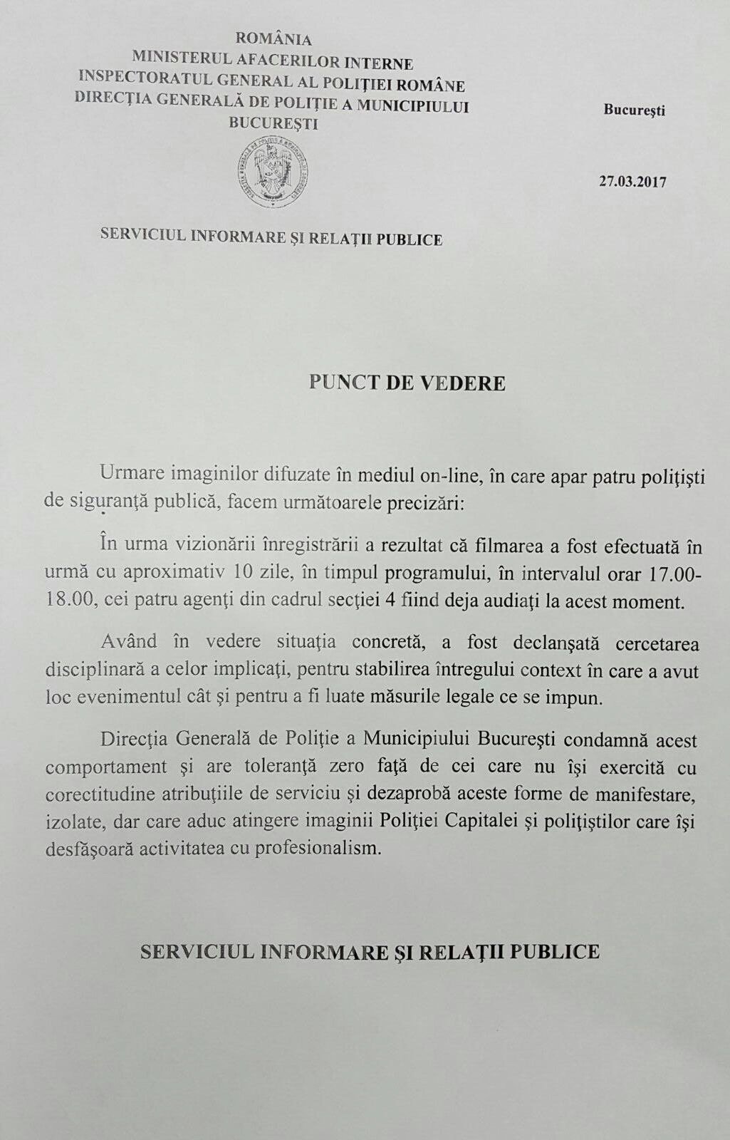 Comunicat Politia Capitalei