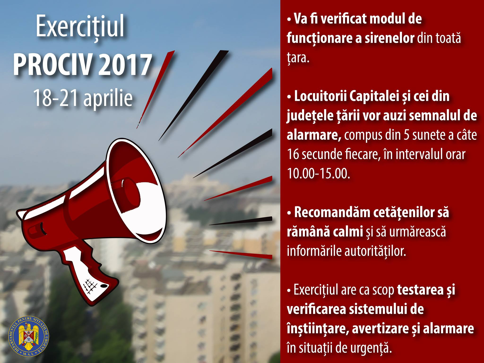 Romania se pregateste pentru situatiile de urgenta. Sirenele vor suna in toata tara, timp de 4 zile